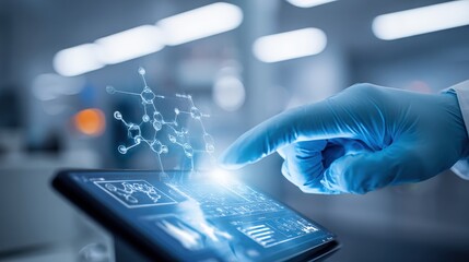 Scientist Interacting with Holographic Molecular Model on Tablet Display in Modern Laboratory, Medical Research and Development