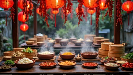 Fototapeta premium Traditional asian outdoor feast with steaming dishes and red lanterns
