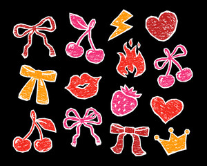Ribbon bow, cherry, heart shape, kissing lips, flame, strawberry, queen crown. Whimsy coquette hand drawn cut out grunge elements with crayon or chalk texture. Vintage distressed girly fashion prints