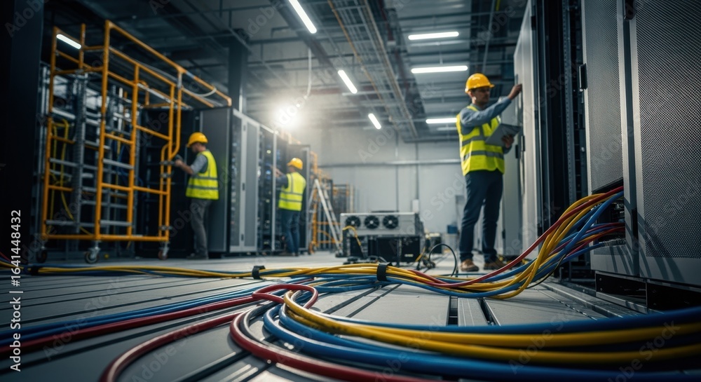 Aufkleber artificial intelligence data center under construction with heavyduty network cables and server encl