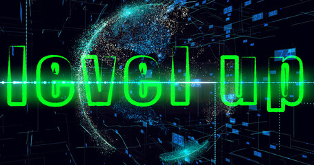 Animation green text level up, blue sci-fi animation background, hologram of the planet with rotating data and numbers. Concept of advanced training, achievement of a new skill