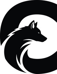 Black wolf head silhouette with swirling tail animal white