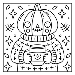 Cozy Halloween: Bold and Easy Coloring Page – Cute and Spooky Halloween Illustration Featuring Pumpkins, Ghosts, Bats, Haunted House, and Autumn Elements for Relaxing Coloring Fun for Kids and Adults