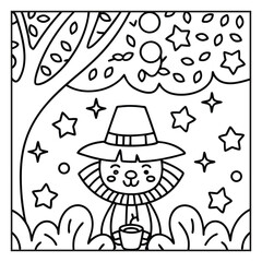 Cozy Halloween: Bold and Easy Coloring Page – Cute and Spooky Halloween Illustration Featuring Pumpkins, Ghosts, Bats, Haunted House, and Autumn Elements for Relaxing Coloring Fun for Kids and Adults