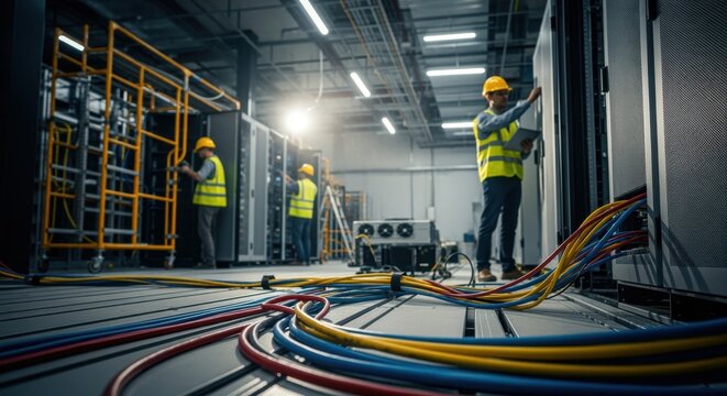Artificial intelligence data center under construction with heavyduty network cables and server enclosures being installed by specialized staff.