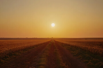 A Total Solar Eclipse Unfolding at Sunset Over Peaceful Farmland orange background
