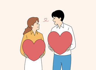 A Beautiful Couple Holding Hearts Together in a Charming and Romantic Illustration