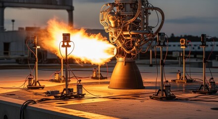 A cryogenic rocket engine sitting stationary as sensors collect data during its fiery hotfire trial on a reinforced test platform.