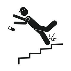 Isolated pictogram of man fall on stair with phone, for safety sign do not use mobile phone on stairs

