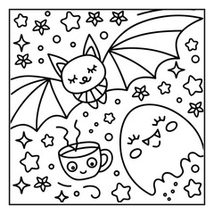Cozy Halloween: Bold and Easy Coloring Page – Cute and Spooky Halloween Illustration Featuring Pumpkins, Ghosts, Bats, Haunted House, and Autumn Elements for Relaxing Coloring Fun for Kids and Adults
