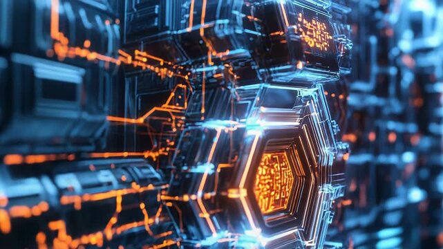 Futuristic server room glowing with blue and orange lights - Powered by Adobe