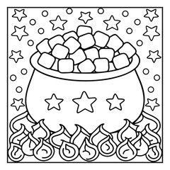 Cozy Halloween: Bold and Easy Coloring Page – Cute and Spooky Halloween Illustration Featuring Pumpkins, Ghosts, Bats, Haunted House, and Autumn Elements for Relaxing Coloring Fun for Kids and Adults