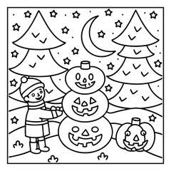 Cozy Halloween: Bold and Easy Coloring Page – Cute and Spooky Halloween Illustration Featuring Pumpkins, Ghosts, Bats, Haunted House, and Autumn Elements for Relaxing Coloring Fun for Kids and Adults
