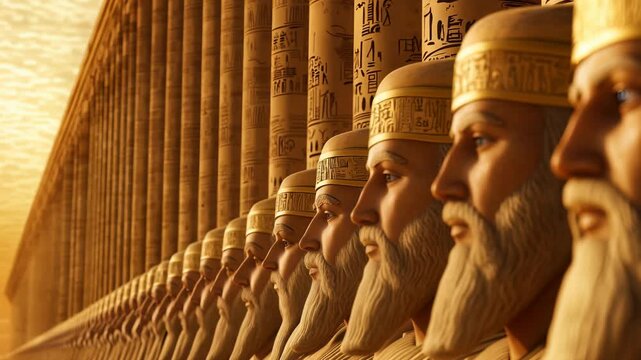 A majestic row of ancient Sumerian king statues, an epic history video.