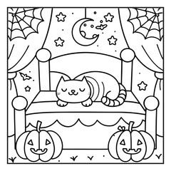 Cozy Halloween: Bold and Easy Coloring Page – Cute and Spooky Halloween Illustration Featuring Pumpkins, Ghosts, Bats, Haunted House, and Autumn Elements for Relaxing Coloring Fun for Kids and Adults