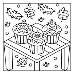 Cozy Halloween: Bold and Easy Coloring Page – Cute and Spooky Halloween Illustration Featuring Pumpkins, Ghosts, Bats, Haunted House, and Autumn Elements for Relaxing Coloring Fun for Kids and Adults