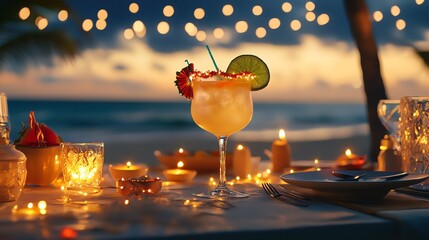Well lit Diwali table featuring a tropical cocktail