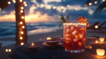 Well lit Diwali table featuring a tropical cocktail