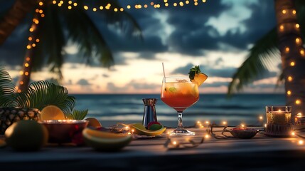 Well lit Diwali table featuring a tropical cocktail