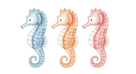 Three Watercolor Seahorses Blue Orange