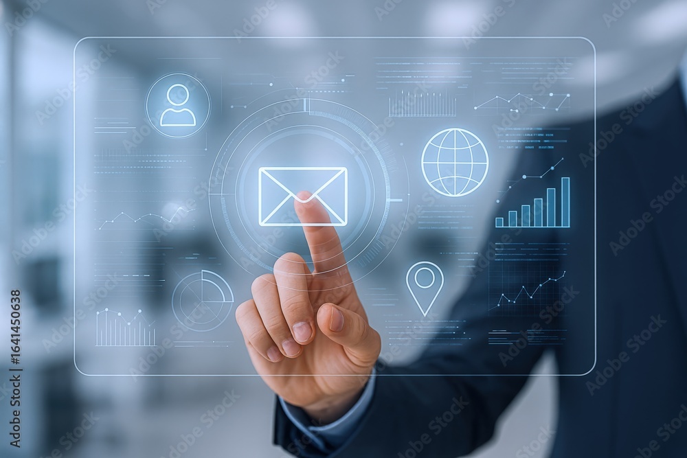 Poster businessman touching email icon on virtual screen: digital communication and data visualization conc