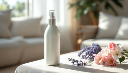 Naklejka premium Close-up of a minimalist room spray with flowers in a bright, airy living room setting. 