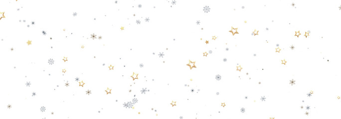 Festive winter background with gold stars and silver snowflakes. Perfect for holidays.
