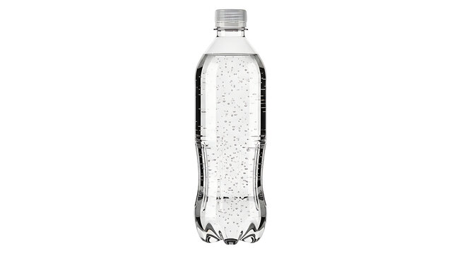 A clear plastic bottle filled with sparkling carbonated water with bubbles, isolated on a white background.