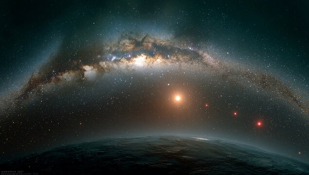 Galaxy arc over planet horizon, brilliant stars, deep cosmic view - Powered by Adobe