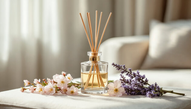 Close-up of a minimalist reed diffuser with decorative flowers in a bright, airy living room.
