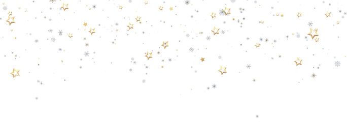 Winter festive background with gold and silver stars and snowflakes falling on white.