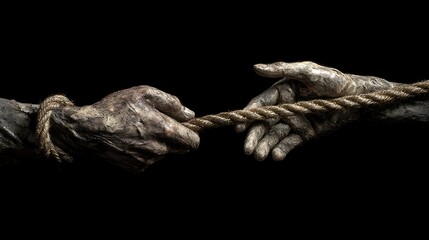 two hands: one gripping a rope, the other reaching out for help, suspended in space symbolizing internal conflict, high detail skin texture, expressive tension, emotionally evocative lighting 
