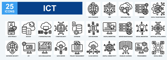 Information And Communication Technology (ICT) icon set collection. Containing design Data Transfer, Digital Transformation, Data Privacy, Network Security, Digital Connectivity