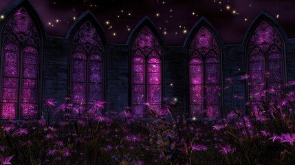 Fantastical Gothic window arch adorned with blooming pink and purple floral vines amidst sparkling particles, ethereal dreamscape background with intricate stonework in magical 3D render.