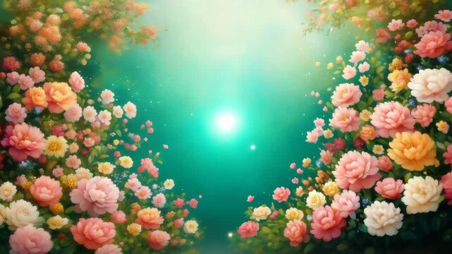 Enchanted floral frame with glowing particles, a romantic fantasy video backdrop.
