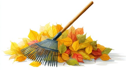 Rake is laying on top of a pile of leaves. The rake is black and the leaves are orange
