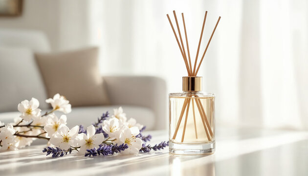 Close-up of a minimalist reed diffuser with decorative flowers in a bright, airy living room.
