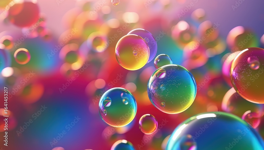 Poster colorful translucent bubbles float against a vibrant, blurred background, creating a dreamy and abst