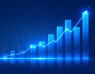 Fototapeta premium Ascending blue graph with glowing arrow, reflecting on a grid surface