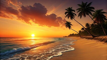 Sunset over tropical beach with palm trees and golden sky
