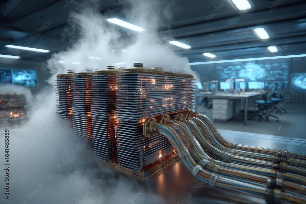 Poster high-performance computing servers generating steam in a futuristic data center.