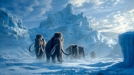 A group of mammoths, with long tusks and thick fur
