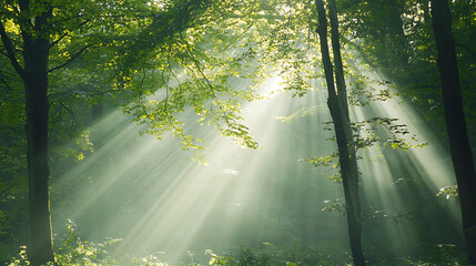 Obraz premium Sunlight beams through mist in forest, floating dust particles, soft focus on t