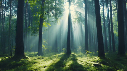 Obraz premium Sunlight beams through mist in forest, floating dust particles, soft focus on t