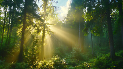 Fototapeta premium Sunlight beams through mist in forest, floating dust particles, soft focus on t