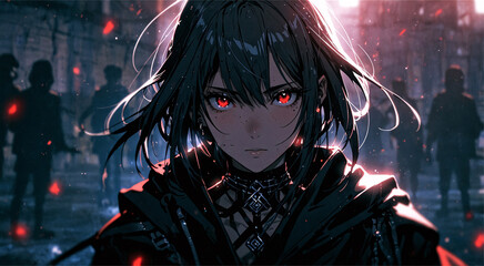 A dark-haired woman with glowing red eyes, set against a chaotic urban background with shadowy figures