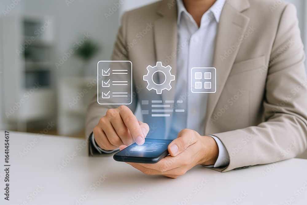 Poster business professional interacting with mobile app interface, representing technology solutions and d