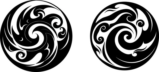 Spiraling Harmony: Two intricate black and white graphic designs, reminiscent of swirling patterns, embody the delicate balance of form and artistry.