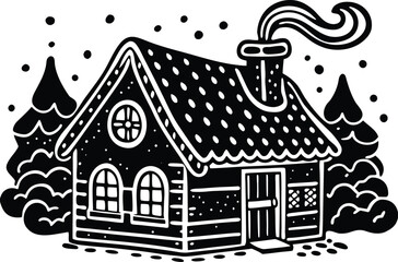 Illustration of a cozy winter cabin in a snowy landscape, isolated on white background