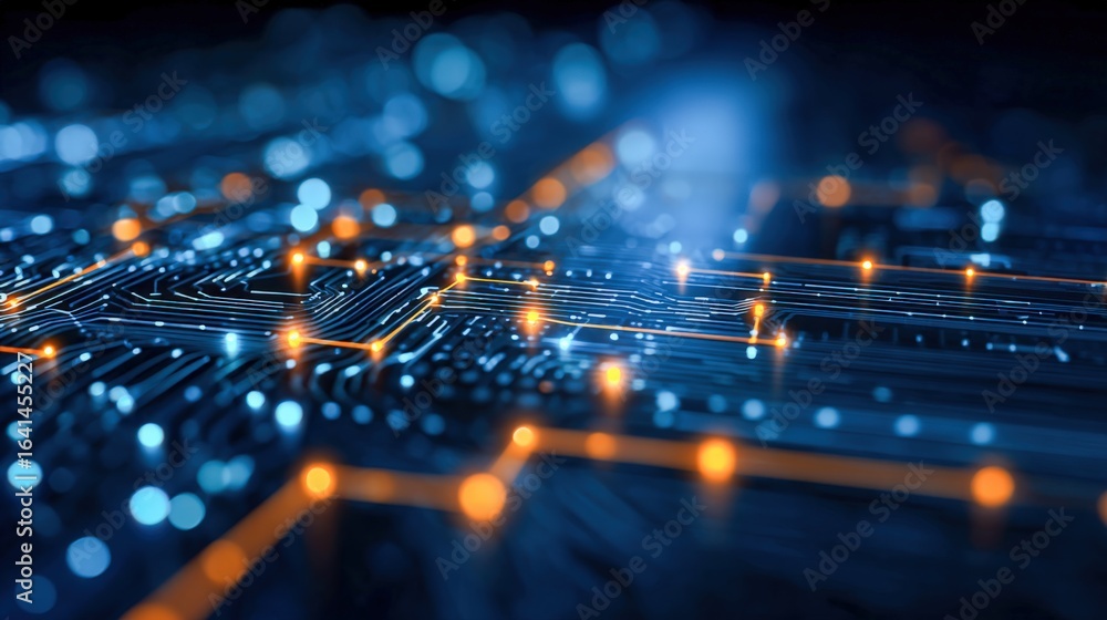 Poster abstract technology background with interconnected circuitry and glowing nodes, ideal for high-tech 